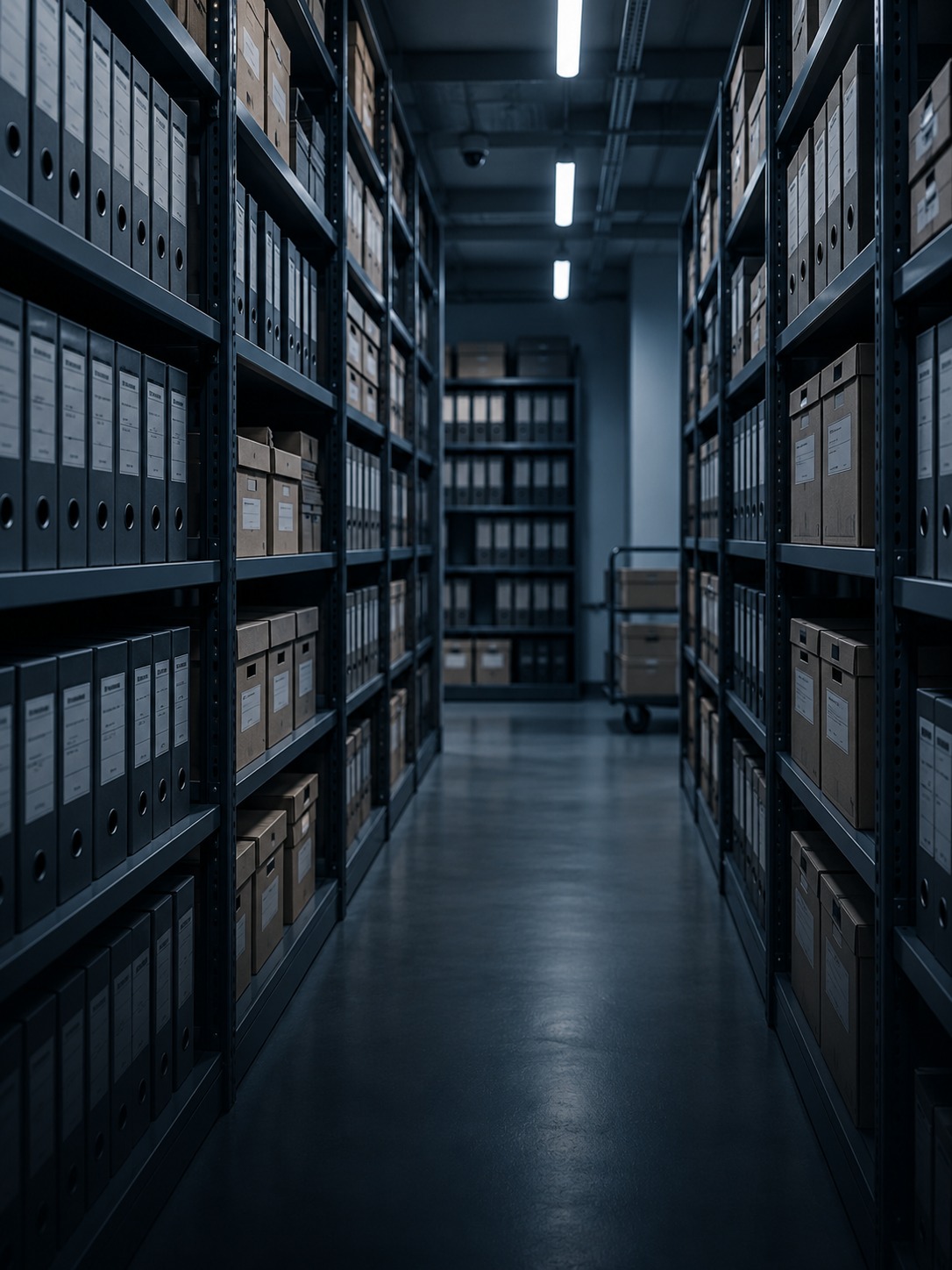 Regały z segregatorami i pudłami archiwalnymi — archiwum depozytowe dokumentacji