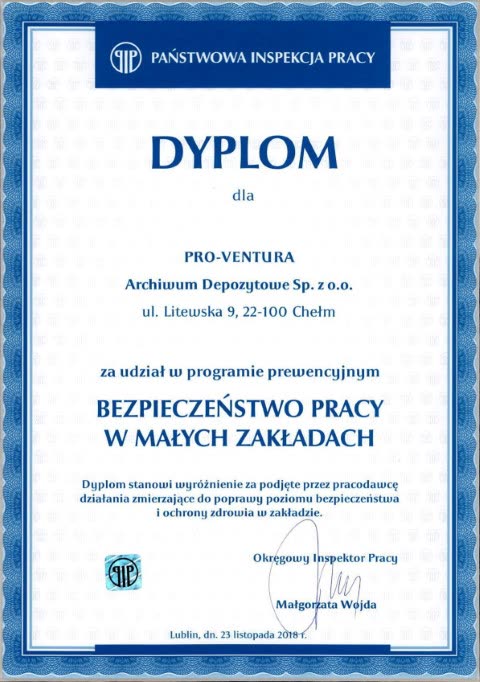 Dyplom Państwowej Inspekcji Pracy